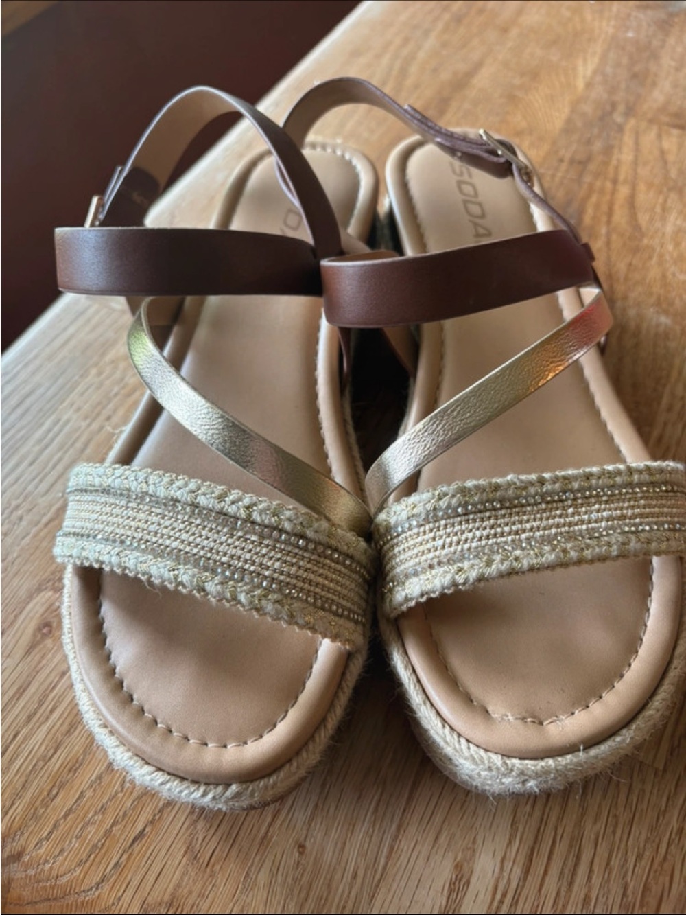 Soda Metallic Gold and Brown Strappy Espadrille Sandals